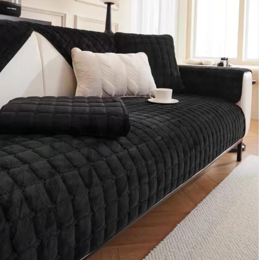 Winter Thick Plaid Plush Sofa Cover Warm Velvet Non-Slip Cushions Living Room Flannel Couch Covers Universal Armrest Back Towel