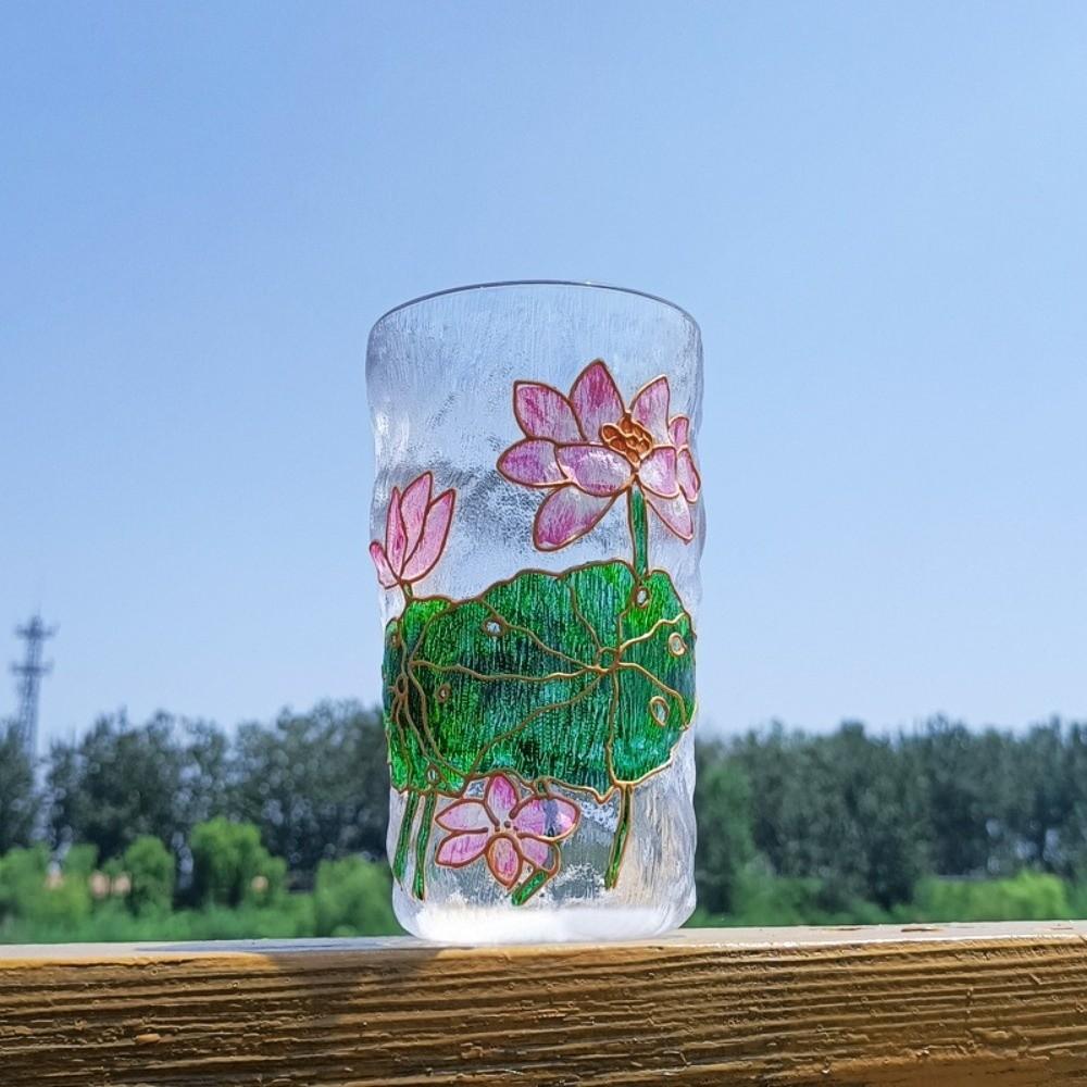 Glacier Texture Hand-Painted Glass Cup Flower Design Beer Cup Fashion Juice Cup  Tea Time