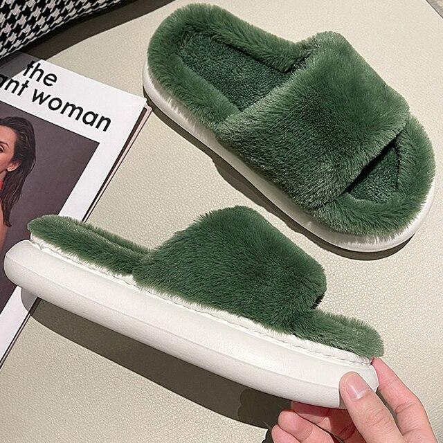 Woman Super Soft Indoor Fur Slippers Winter Platform Warm Plush Slipper Female House Cotton Shoes Bedroom Antiskid Sewing Slides