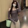 Off Shoulder Cropped Top Sexy Slim Women Thin Sweater Knitted Pullover Hottie Long Sleeve Tight Undershirt Hanging Neck Design