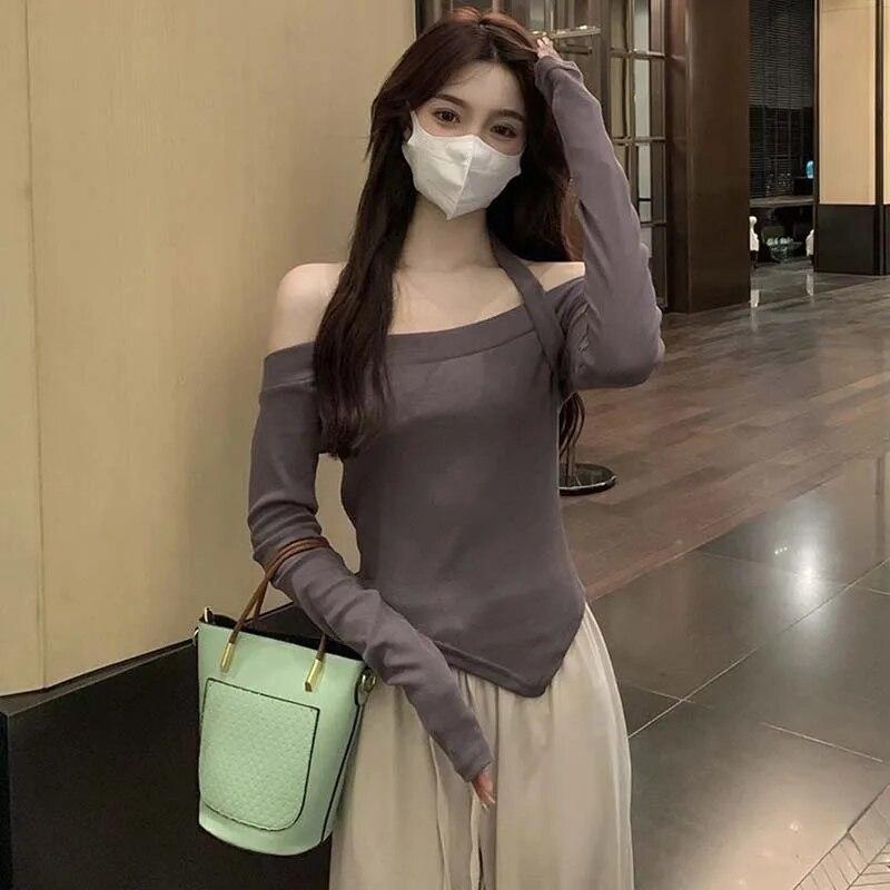 Off Shoulder Cropped Top Sexy Slim Women Thin Sweater Knitted Pullover Hottie Long Sleeve Tight Undershirt Hanging Neck Design