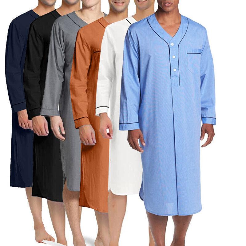 Men Kaftan Loose V Neck Long Sleeve Nightgown Pajamas Comfy Sleepwear Top Shirt Homewear Robe Casual Long Nightdress