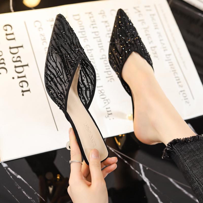 Pointed Rhinestone Bag Head Slippers Women's Summer 2025 New Half Slippers Mesh Crystal Fine Heel Non-slip Sandals Women