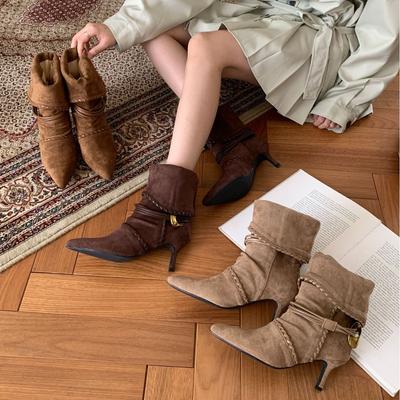 Маленькая мода~ Ретро остроносые полусапожки женские сапоги 25 лет осень и зима замшевые на шпильке короткие сапоги~