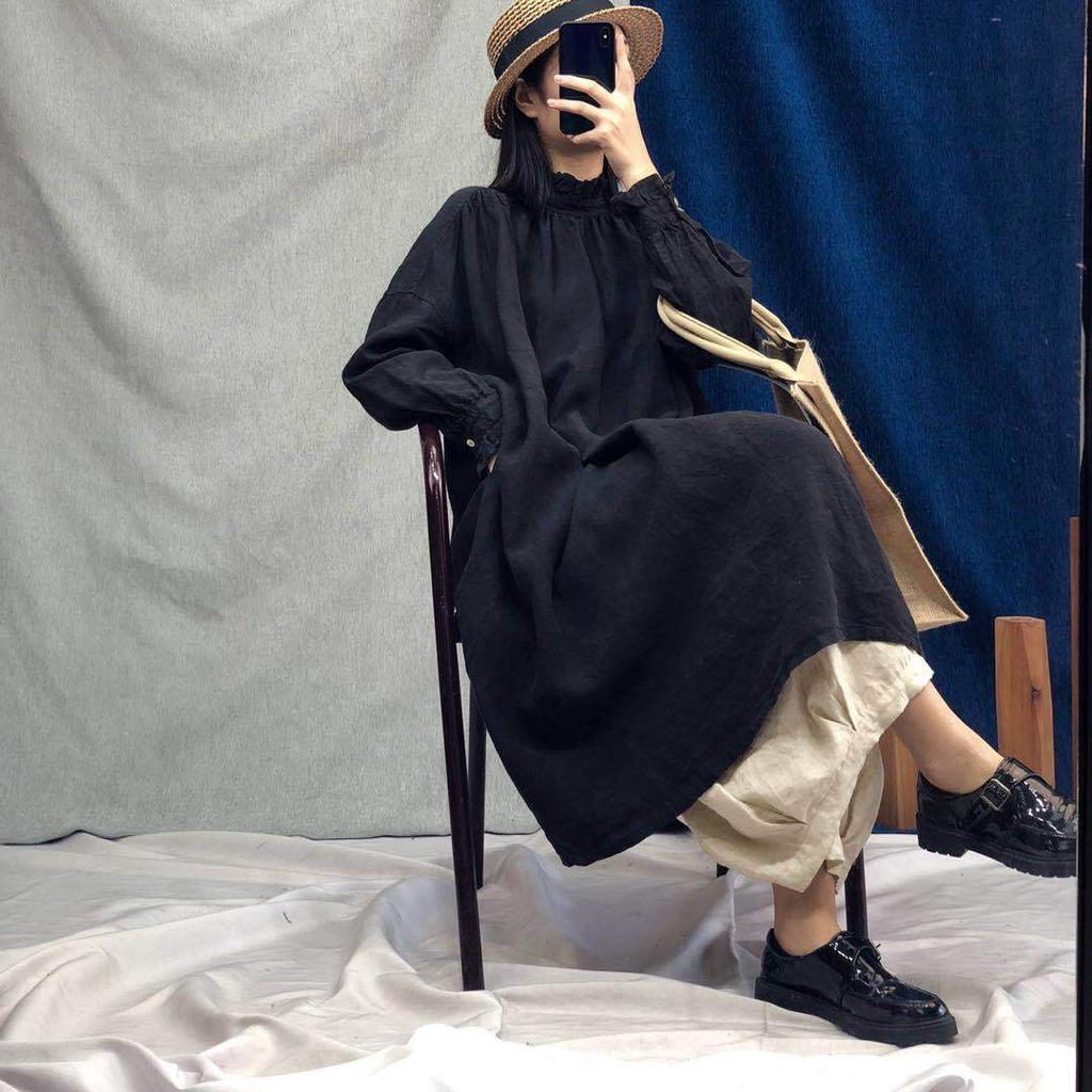 Johnature Осенние винтажные льняные халаты, женские повседневные однотонные свободные платья с оборками и воротником, женское платье с длинными рукавами