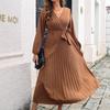 Women Autumn Winter Temperament Cross V Neck Long Sleeve Solid Color Lace Up Pleated Maxi Dress S-XXXL