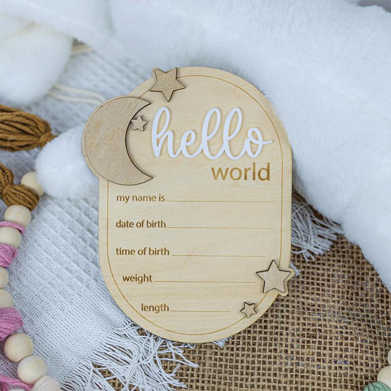 Baby Announcement Sign, 5.91X4.13 Inch Wooden Newborn Announcement Sign Hello World Newborn Sign