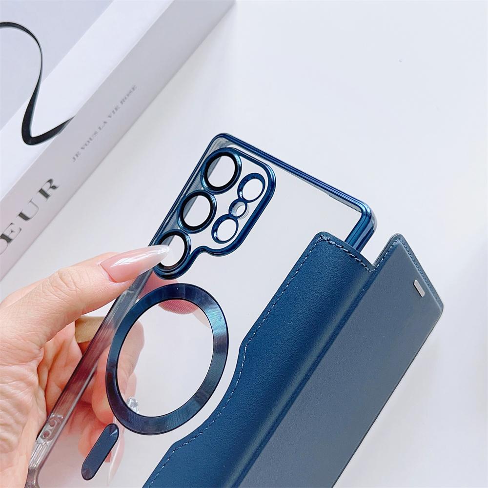Magnetic Flip Leather Card Slots Holder For Magsafe Phone Case For Samsung S26 S25 Edge S24 S23 Ultra S22 Plus Clear Plated Caps