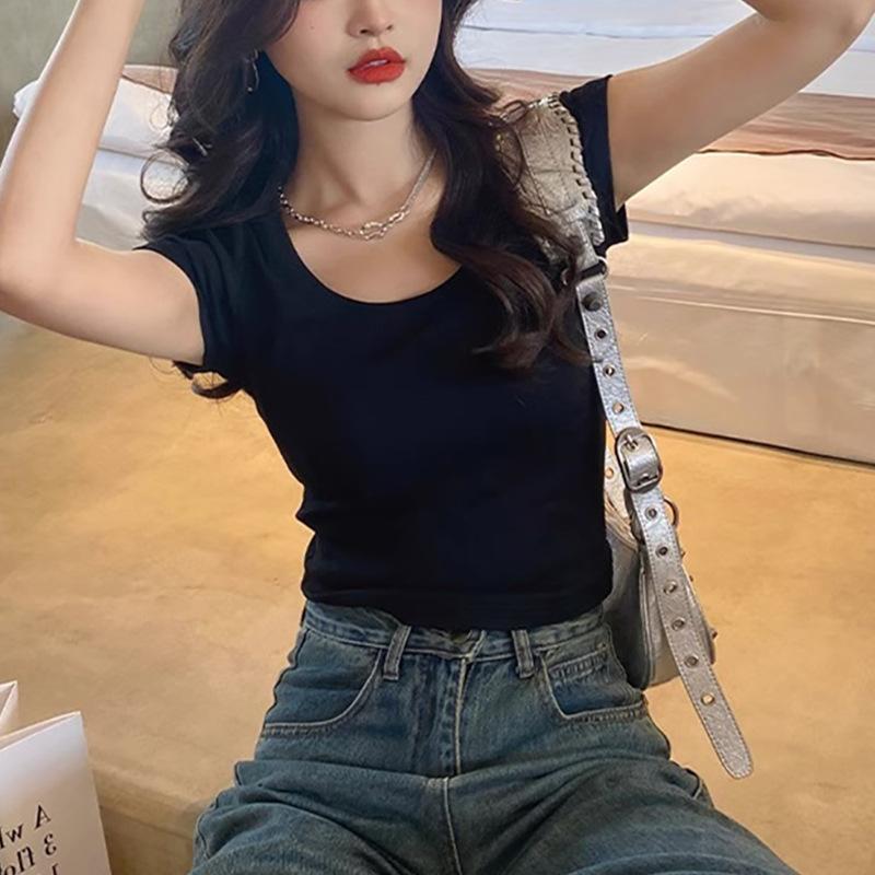 Front Shoulder U-neck Exposed Collarbone Short Sleeve Solid Color T-shirt for Women's Summer New Slim Short Inner Wear Design Top