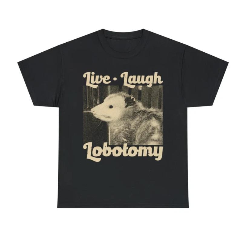 Винтажная Футболка с Опоссумом Live Laugh Lobotomy Мужская Женская Хлопковая Летняя Топ Оверсайз Ироничный Юмор Weirdcor Саркастичный Забавный