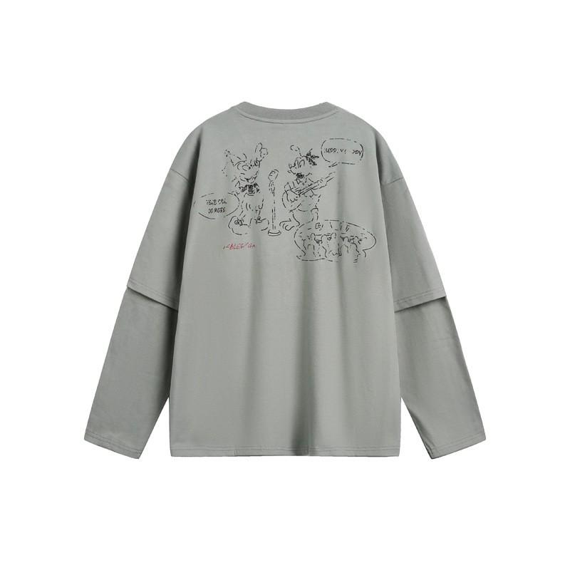 Unisex Oversized Long Sleeve T-Shirt With Cartoon Print Layered Look Streetwear Casual Top