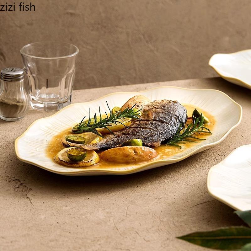 Винтажная керамическая тарелка в виде листа лотоса Тарелка для рыбы на пару Тарелка для барбекю Десертные тарелки Тарелки для суши Специальная гостиничная посуда