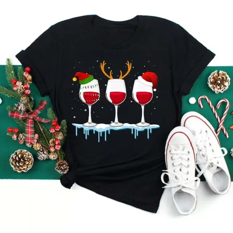 Cute Christmas Graphic T Shirt With Funny Wine Glass Snowman Santa Hat Elements Designs Stylish Casual Short Sleeve Tee