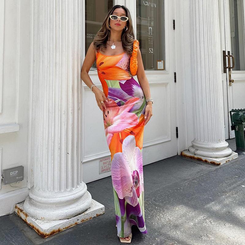 Платье с цветочным принтом Lily, летнее повседневное платье макси на бретельках, облегающее тонкое длинное платье в стиле бохо с открытой спиной, 2023