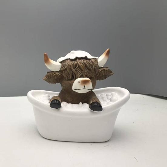 3Pcs Bathroom Highland Cow Figurine Bathing Reading Book Toilet Paper Highland Cattle Resin Statue Sculpture Decoration Ornament Calf Lovers Gifts