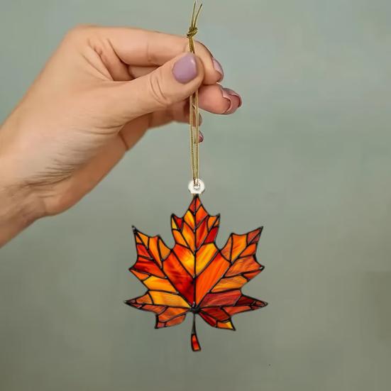 Autumn Maple Leaf Suncatcher Stained Glass Window Wall Hanging Decoration Acrylic Fall Leaf Ornament for Harvest Thanksgiving Party Supplies
