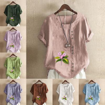 Женская модная футболка с цветочным принтом и круглым вырезом, с коротким рукавом, повседневная хлопково-льняная рубашка с рисунком, свободная летняя блузка для отдыха, топы