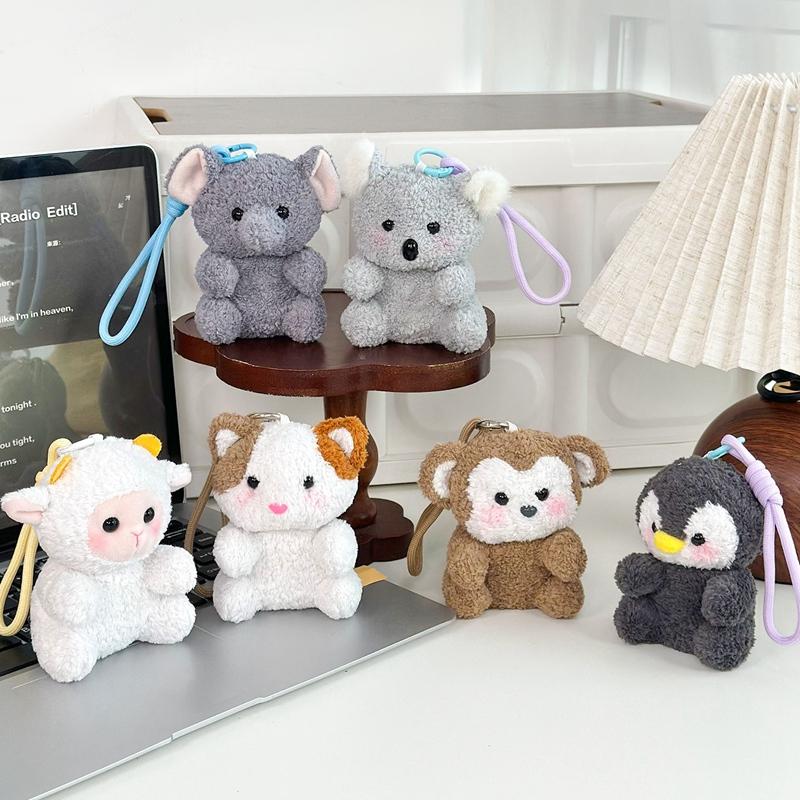 10cm Cute Sitting Cartoon Animal Plush Pendant Stuffed Lamb Monkey Penguin Mouse 3-color Cat Elephant Keychain Decor Plushie