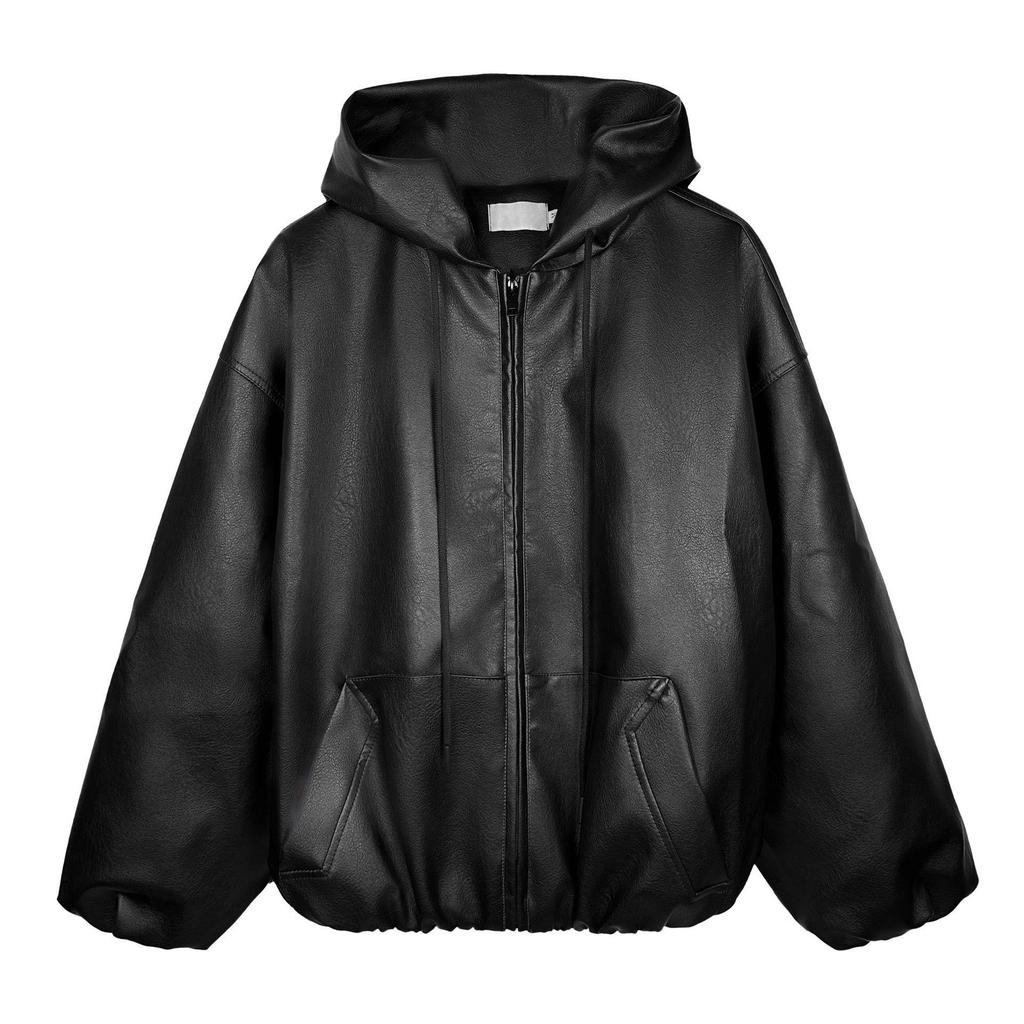 Men's Black Hooded PU Leather Baseball Jacket - Stylish Retro Spring/Autumn Outerwear