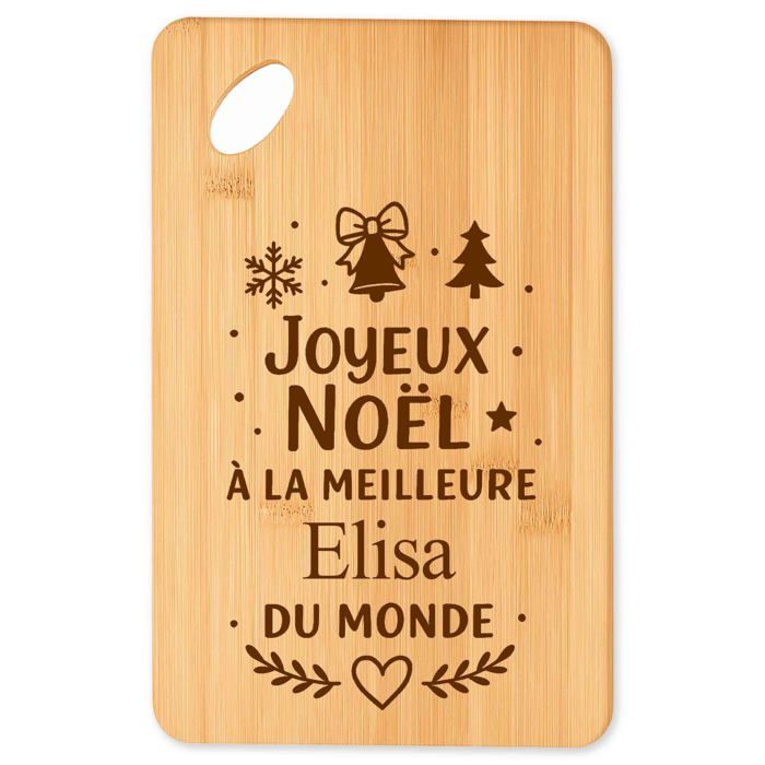 Planche à découper Joyeux noël à la meilleure Elisa du monde - Plateau Apéro en Bambou Cadeau Noël Gravé Collègue Cuisine Barbecue