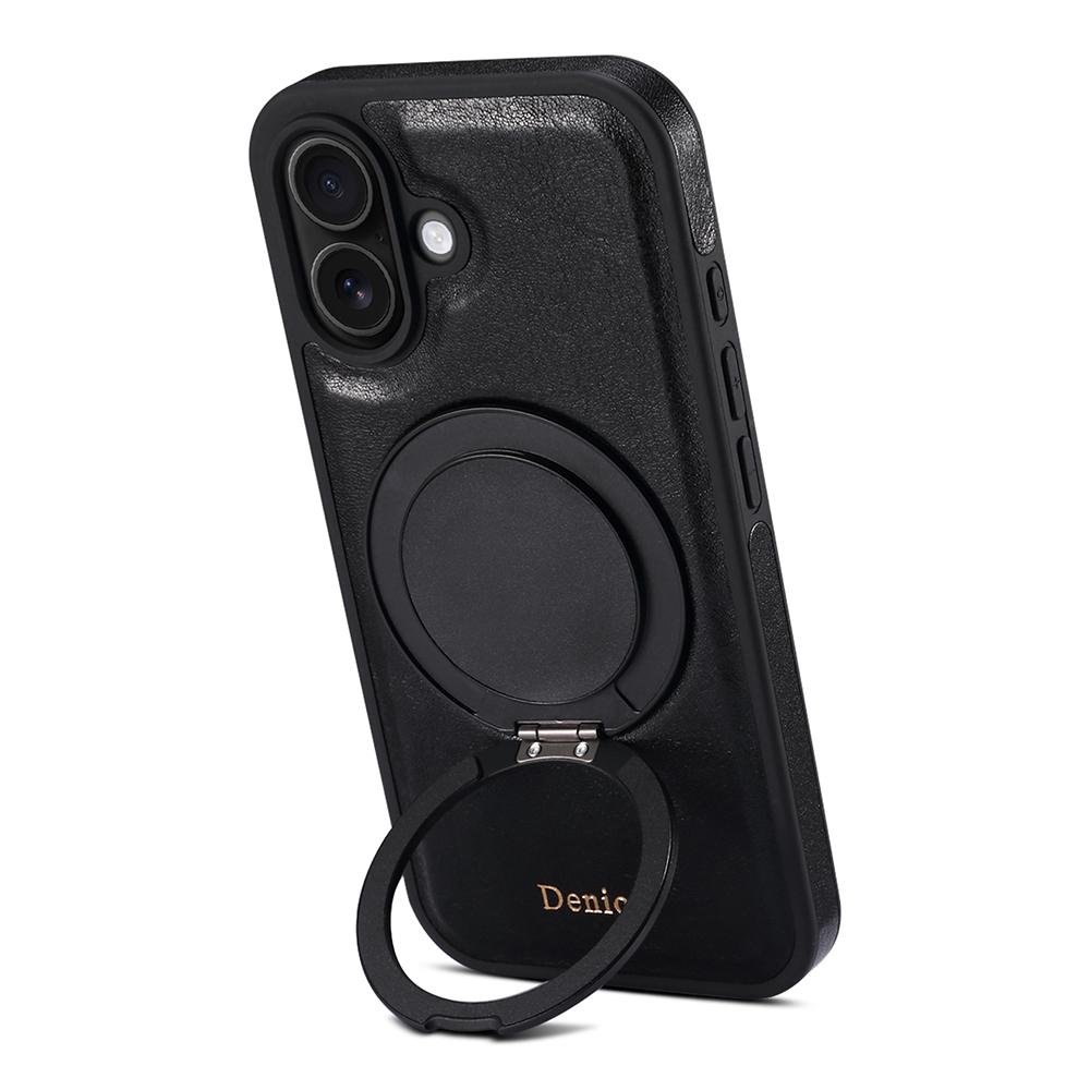 DENIOR For iPhone 16 Case Rotating Magnetic Kickstand Genuine Cow Leather Phone Back Cover