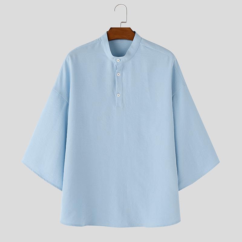 INCERUN Свободные мужские повседневные рубашки с воротником-стойкой, рукавом 3/4, на пуговицах