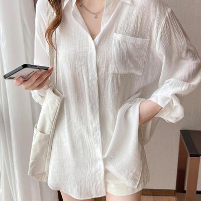 Белая рубашка с солнцезащитным кремом Ice Silk, плиссированная, женская, с длинными рукавами, летняя, универсальная, с кондиционером, тонкая куртка