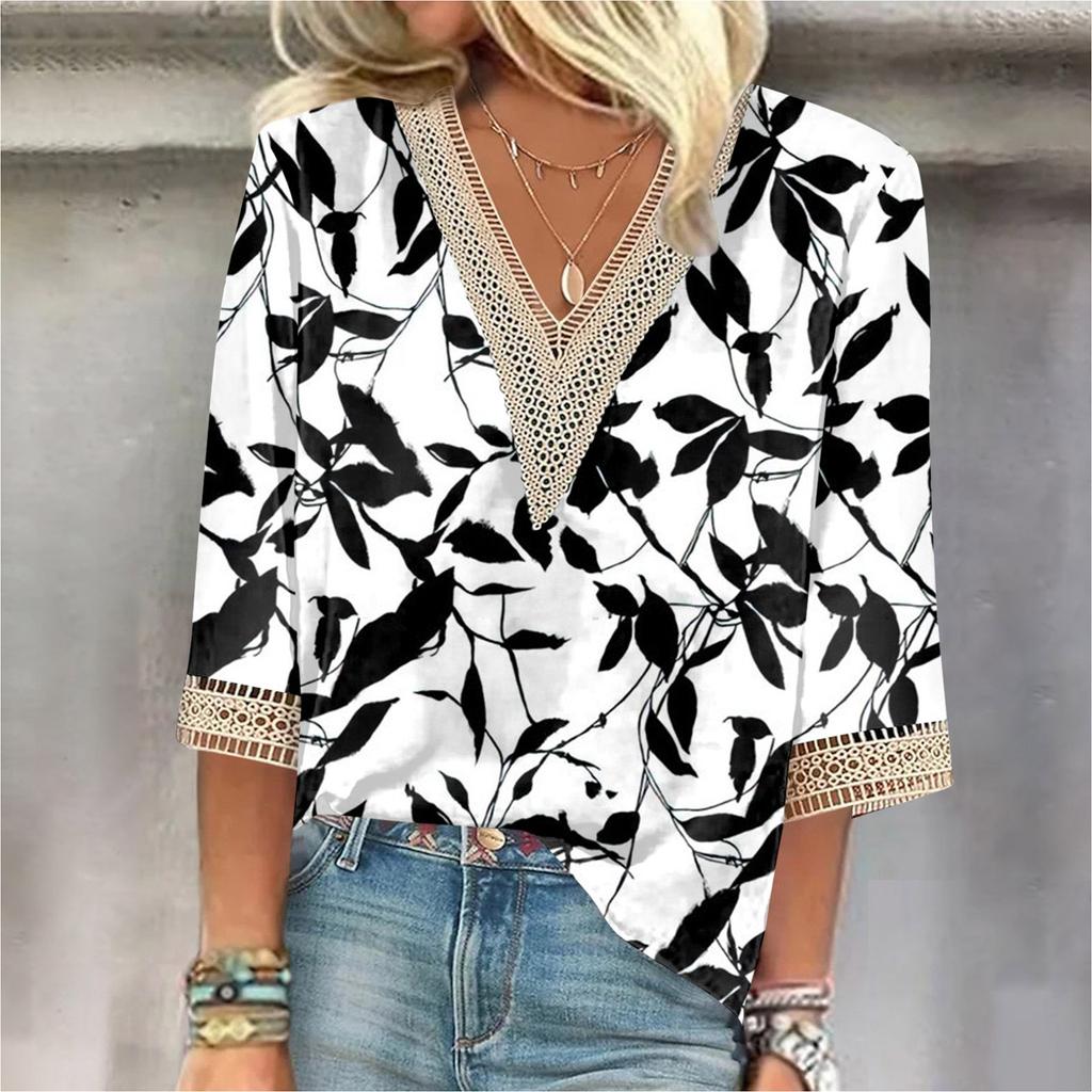 Women's Shirt Blouse Casual Loose Shirts 3/4 Sleeve Lace Trims Print V Neck Tops Print Tops T-shirts Tee