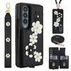 For Samsung Galaxy Z Fold4 5G Case Card Slots Leather Coated TPU Flower Phone Cover with 2 Straps