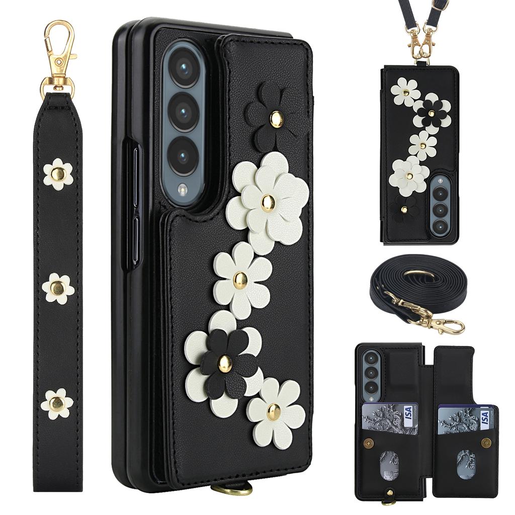 For Samsung Galaxy Z Fold4 5G Case Card Slots Leather Coated TPU Flower Phone Cover with 2 Straps