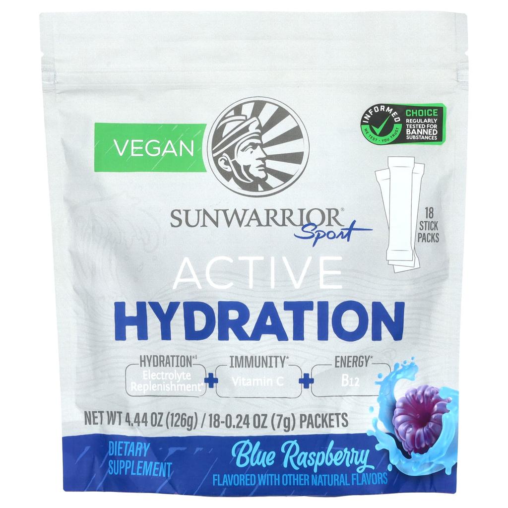 Sunwarrior Sport, Active Hydration, Blue Raspberry, 18 Packs, 0.24 Oz (7 G) Each