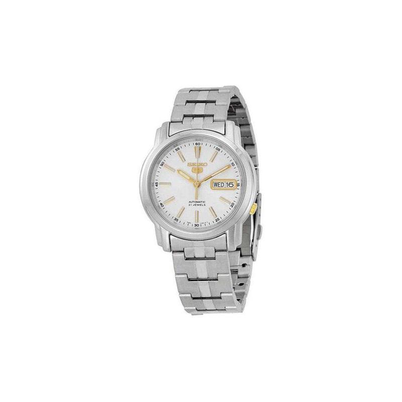 Seiko Нет. 5 серия водонепроницаемые 24-часовая индикация люминесцентный белый циферблат золотые часовые метки Кварцевые Стальной браслет мужские часы белый циферблат SNKL77K1
