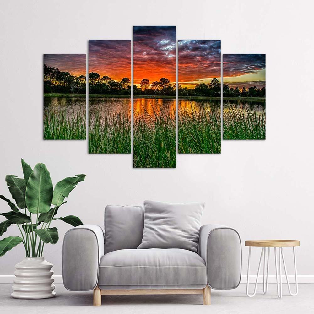 Feeby Five piece picture canvas print, Sky at sunset