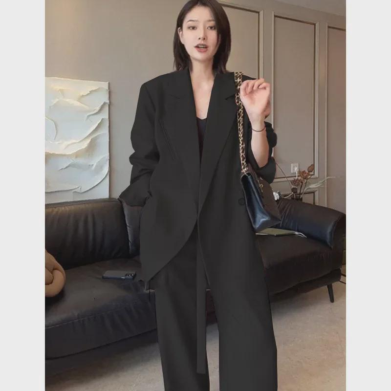 Весенний женский костюм в корейском стиле больших размеров: Комплект из куртки средней длины и широких брюк