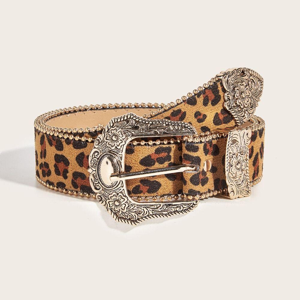 PU Leopard Print Belt Vintage Suede Waistband Gothic Carved Buckle Belt Spicy Girl