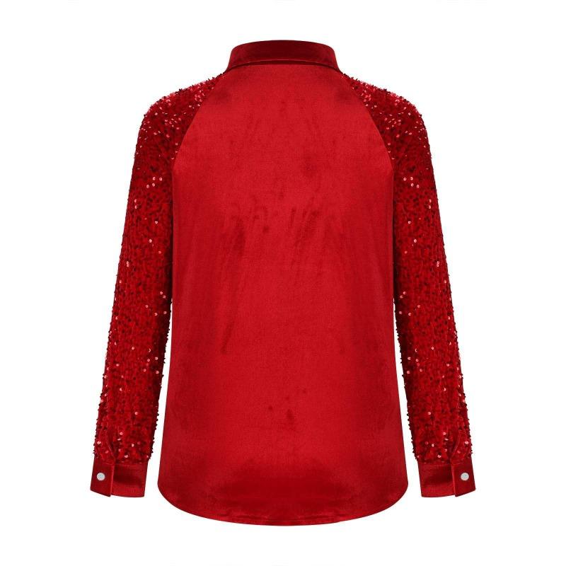 Women Loose Long Sleeve Sequin Spliced Velvet Casual Shirt Top