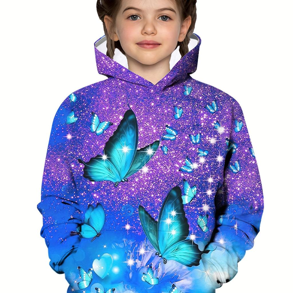 Уютная толстовка с капюшоном с 3D-принтом «Бабочка» — мягкий толстый флис, теплая, модная, украшенная пайетками — идеально подходит для мальчиков и девочек на осень
