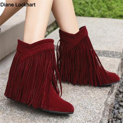 Мода 2025 Мода Осень Зима Новые Этнические Женские Богемные Замшевые Кисточки Скрытые Мокасины Ботильоны Сапоги Бахрома Женские Слипоны