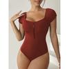2025 Short Sleeve Swimsuit Women One Piece Solid Swimwear Female Zipper Bathers Bathing Swimming Suit Summer Beachwear Bodysuit