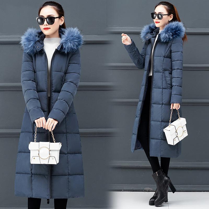 Women's cotton-padded clothes in autumn and winter, new extended over-knee down cotton-padded clothes, women's large size loose solid color fur-colla