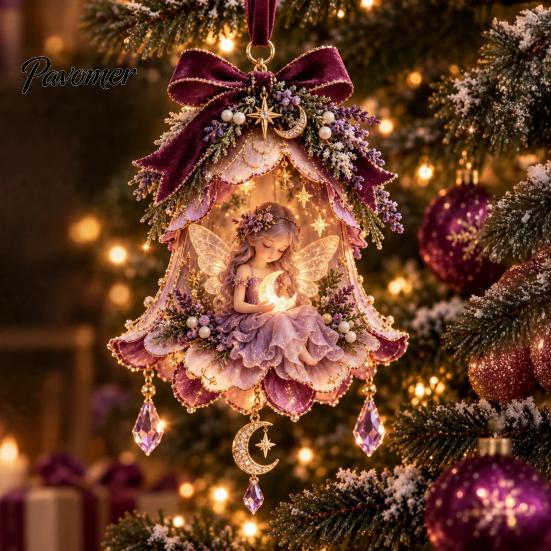 Waterproof Acrylic Hanging Ornaments Fairy Bell Christmas Ornament, 2D Flat Flower for Holiday Decoration, Xmas Tree Pendant Home, Party Decor