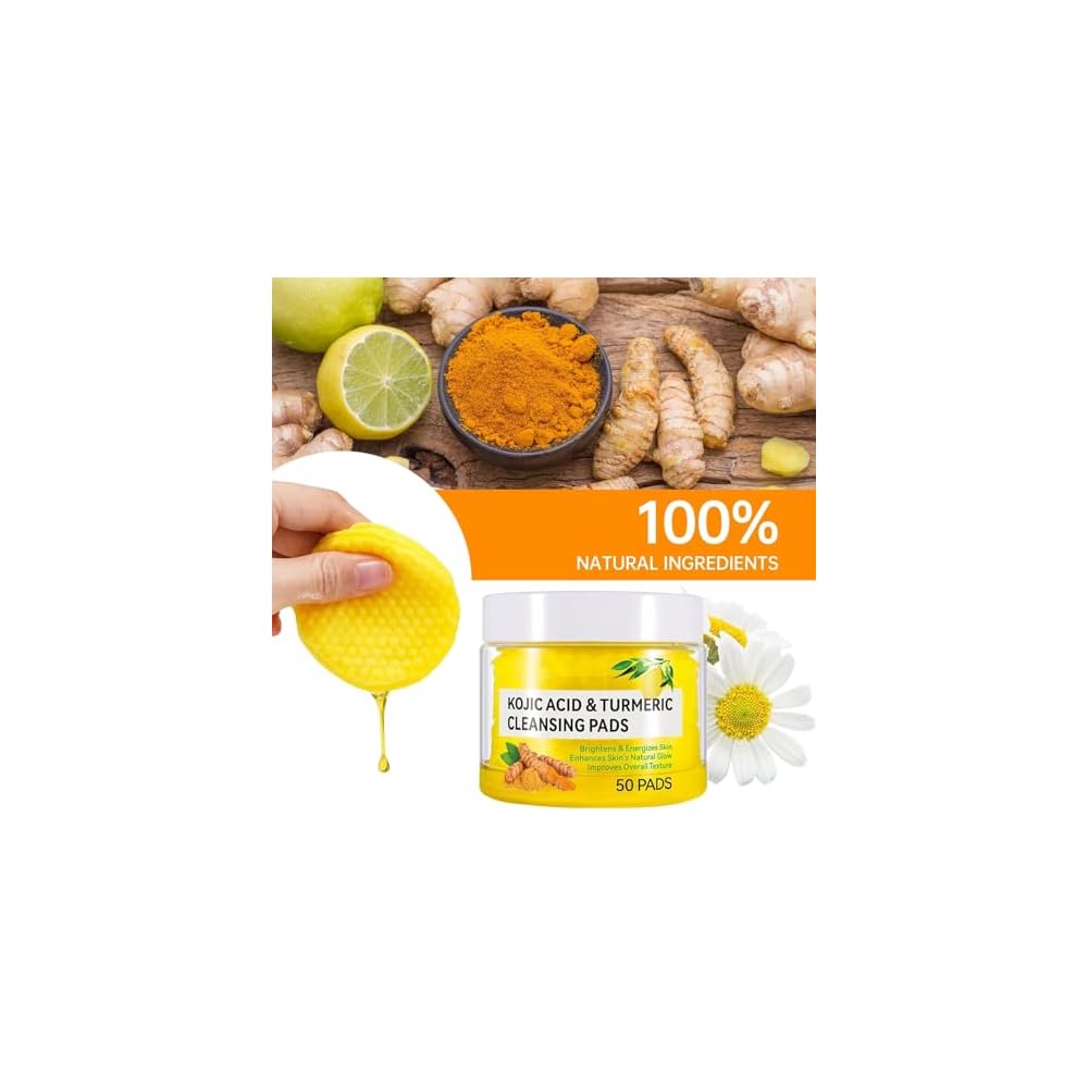 Turmeric Kojic Acid Cleansing Pads, 50Pcs Kojic Acid and Turmeric Cleansing Pads, Face Turmeric