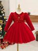 Красное платье принцессы на Рождество с пайетками, рукавами-фонариками и золотым бархатом для девочек
