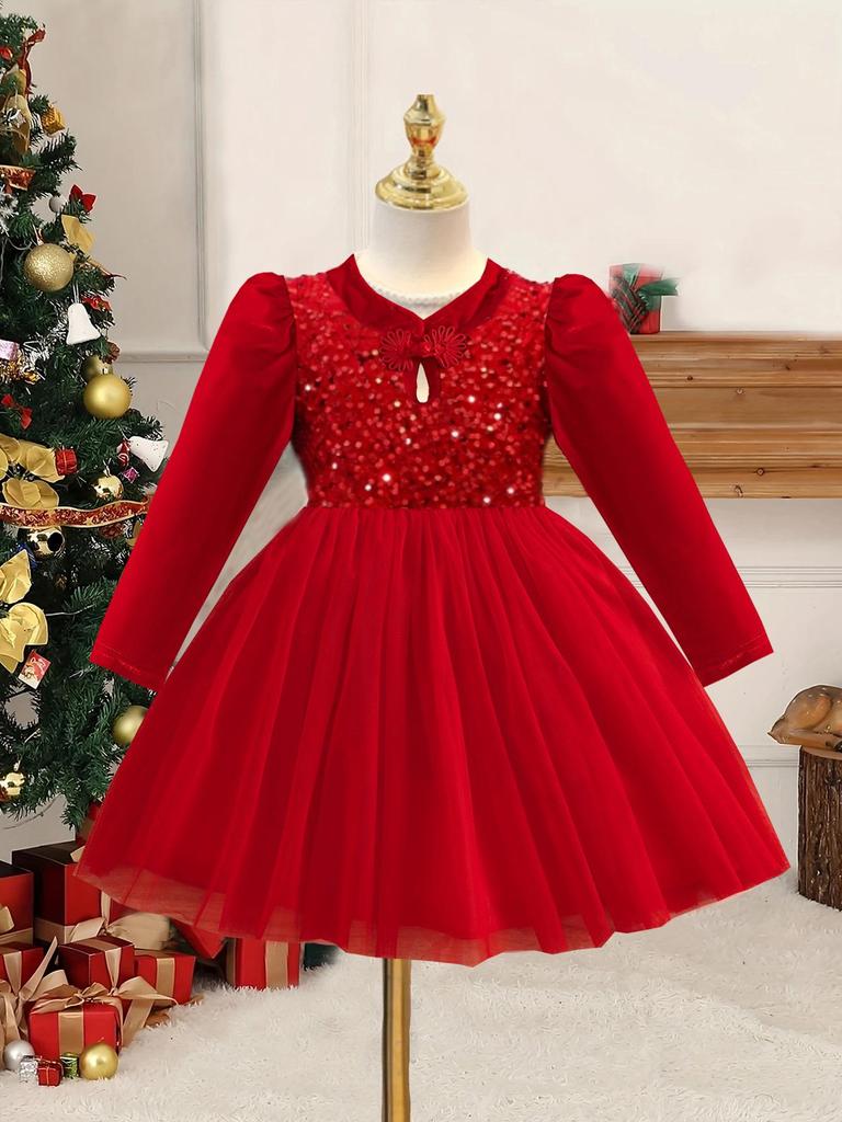 Красное платье принцессы на Рождество с пайетками, рукавами-фонариками и золотым бархатом для девочек