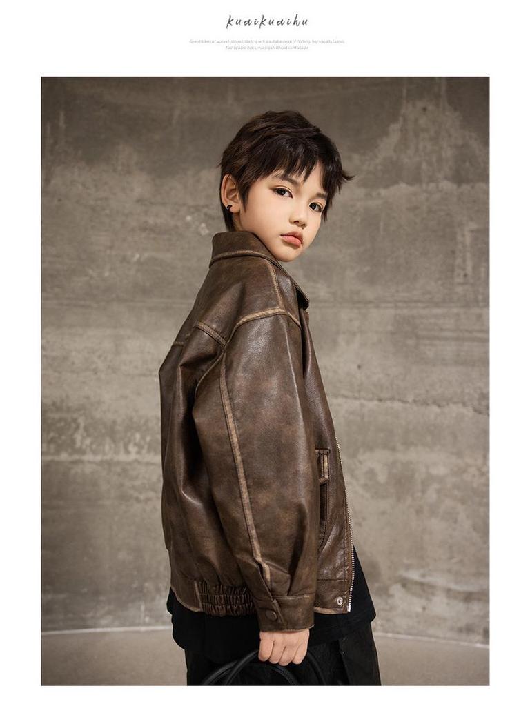 Кожаная куртка с флисовой подкладкой в уличном стиле для мальчиков на Осень/Зиму 2025 – Крутая и дерзкая верхняя одежда в корейском стиле