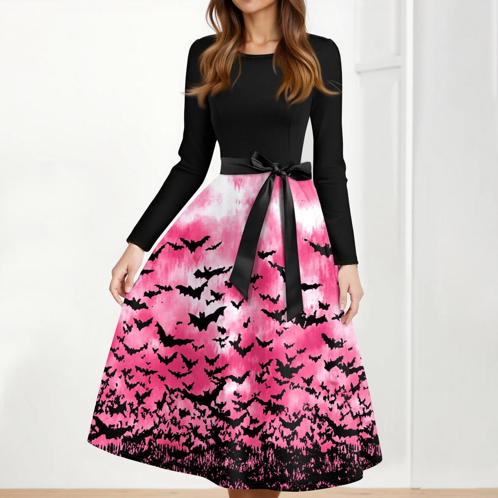 Women's Casual Fashion Halloween Printed Round Neck Vintage Dress