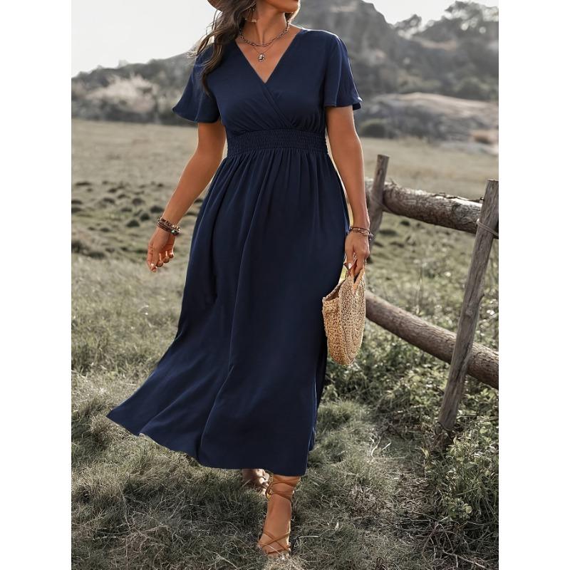 YYFS Women's Fashion Summer Spring Solid Color Print Short Sleeve V-Neck High Waist Casual Dresses