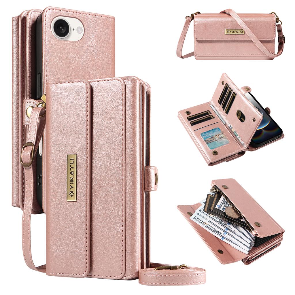 For iPhone 16e Case YIKATU YK-008 Zipper Wallet Leather Phone Cover with Shoulder Strap