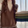 Kuz Qish Trikotaj Jilet Ayollar Ustki Kiyim Retro Qatlamlash Yengsiz Top Keng Bir Rangli Trikotaj Kamzul