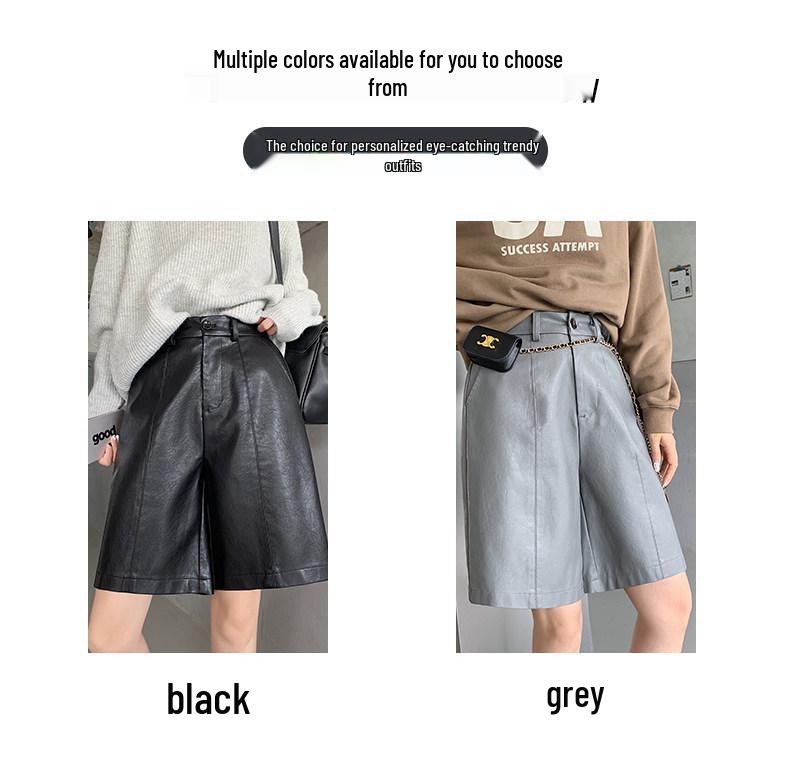 Женские шорты Bootcut с высокой талией из стираной PU-кожи 2025 года - Средней длины, Широкие штанины, Свободный стройнящий крой для Осени/Зимы